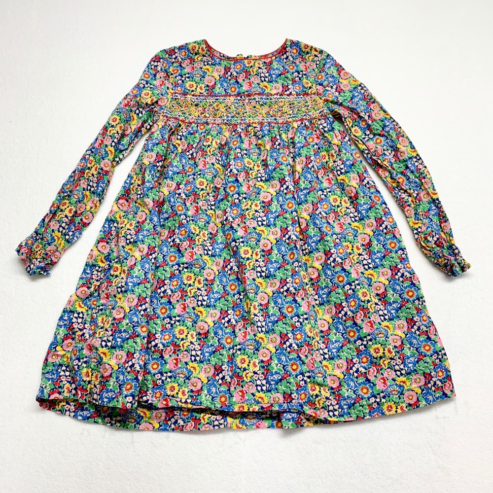 Mini Boden Smocked‎ Floral Dress Girls Size 10 Multi Color Cotton Long Sleeve
